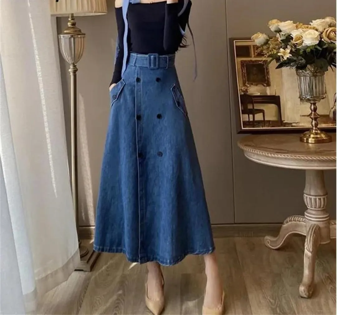 French Graceful Double Button Denim A-Line Skirts Spring Summer Korean Split Skirt