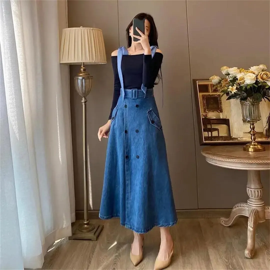 French Graceful Double Button Denim A-Line Skirts Spring Summer Korean Split Skirt