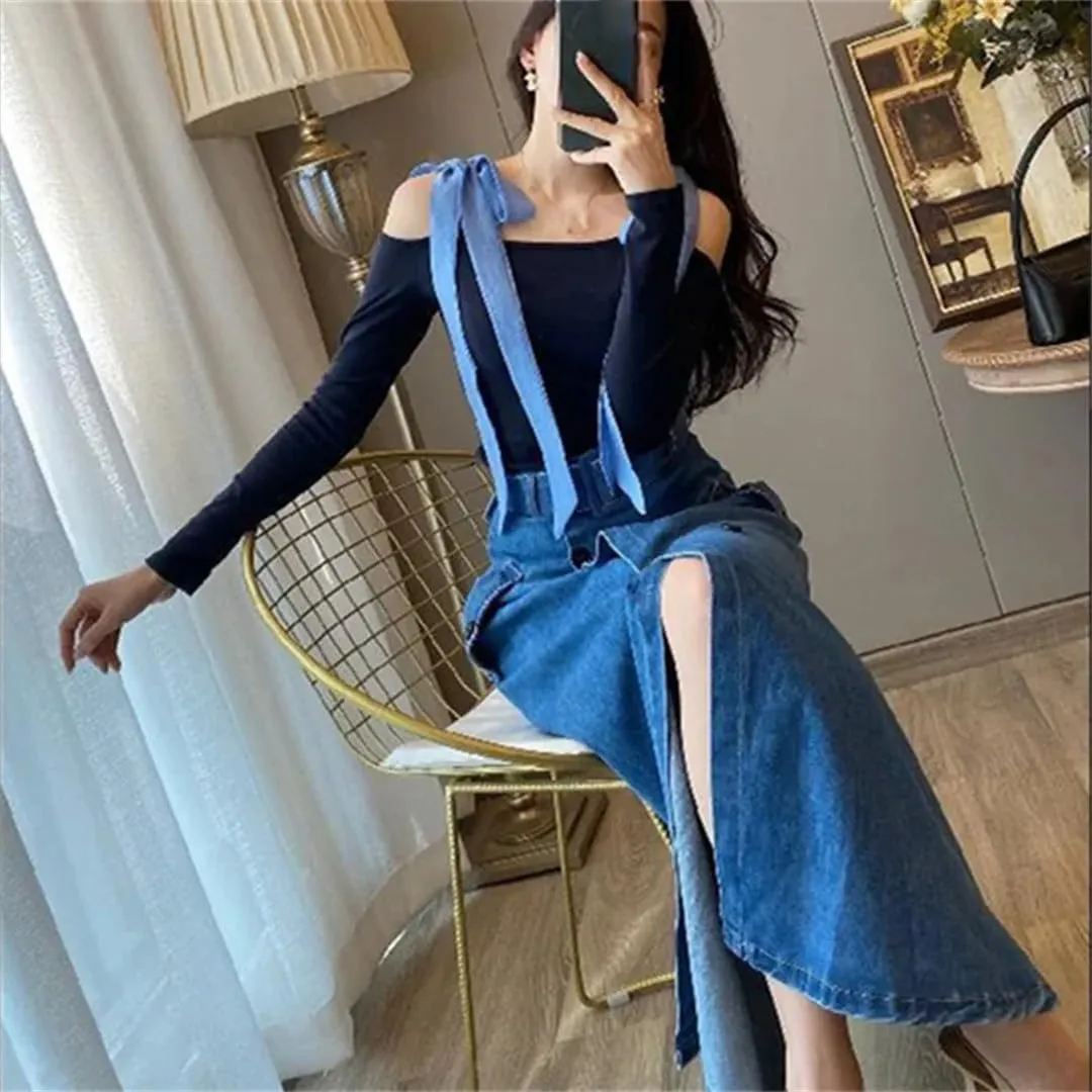 French Graceful Double Button Denim A-Line Skirts Spring Summer Korean Split Skirt