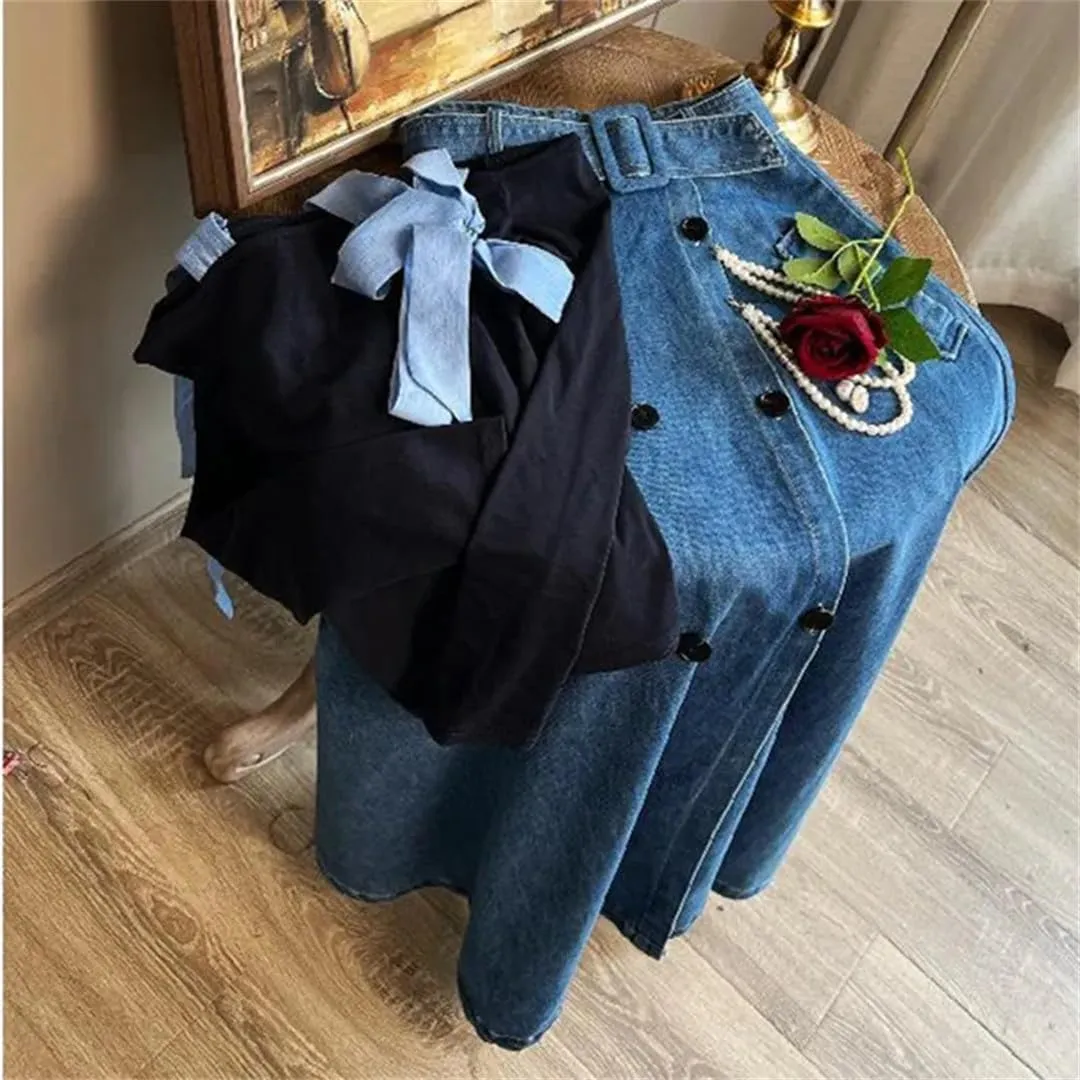 French Graceful Double Button Denim A-Line Skirts Spring Summer Korean Split Skirt