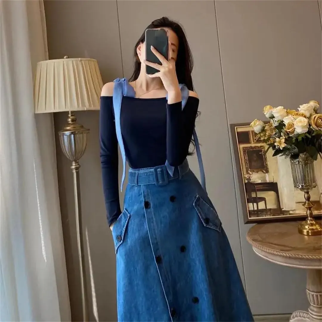 French Graceful Double Button Denim A-Line Skirts Spring Summer Korean Split Skirt