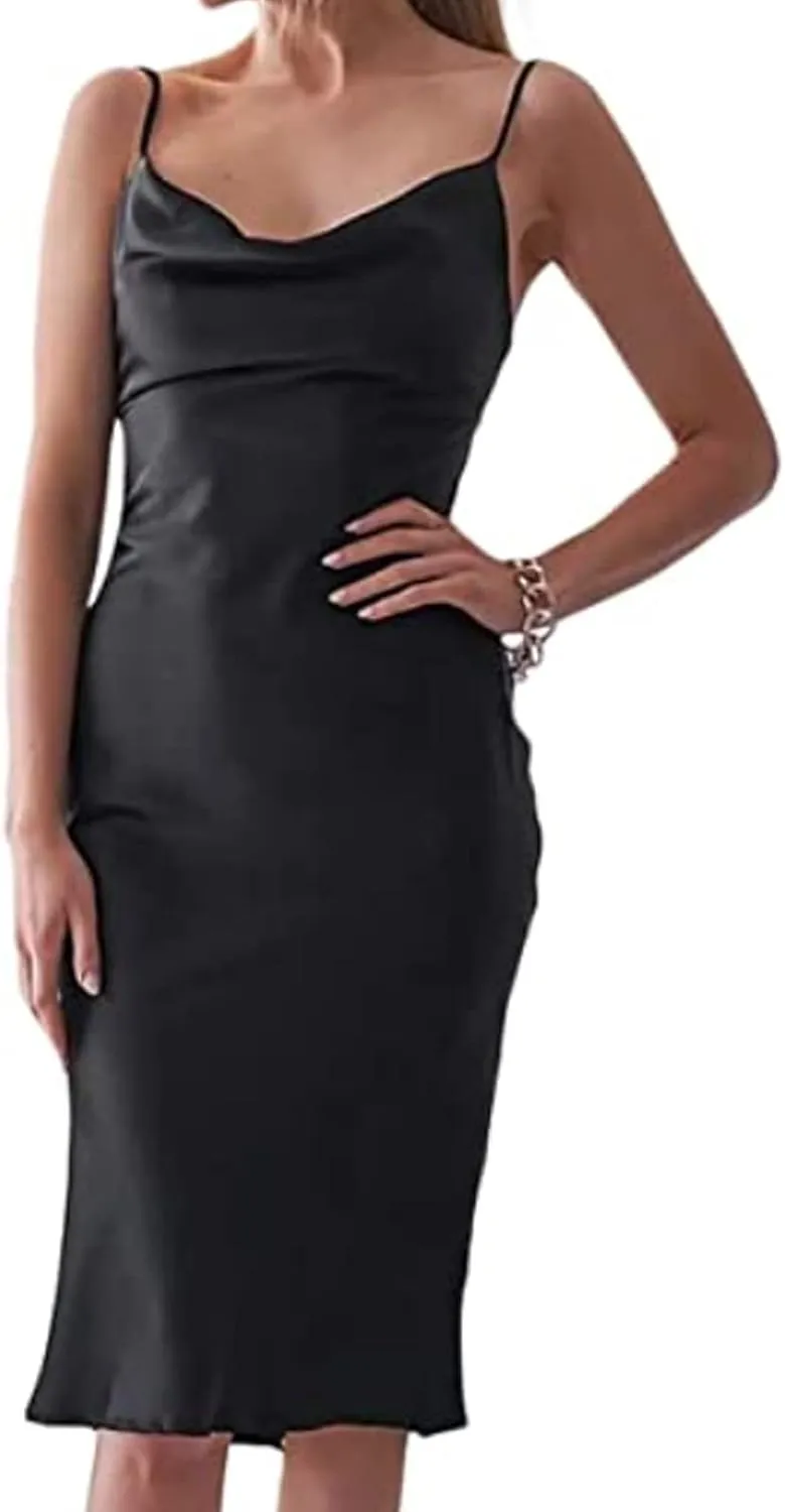 FULA-bao Women's Sleeveless Spaghetti Strap Satin Dress Cocktail Beach Evening Party Cowl Neck Slip Midi Dresses