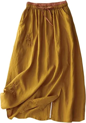 FZYLQY Embroidery Maxi Skirts for Women with Pockets Midi Length Long Skirt Casual Beach Party Holiday Cotton Linen Skirt