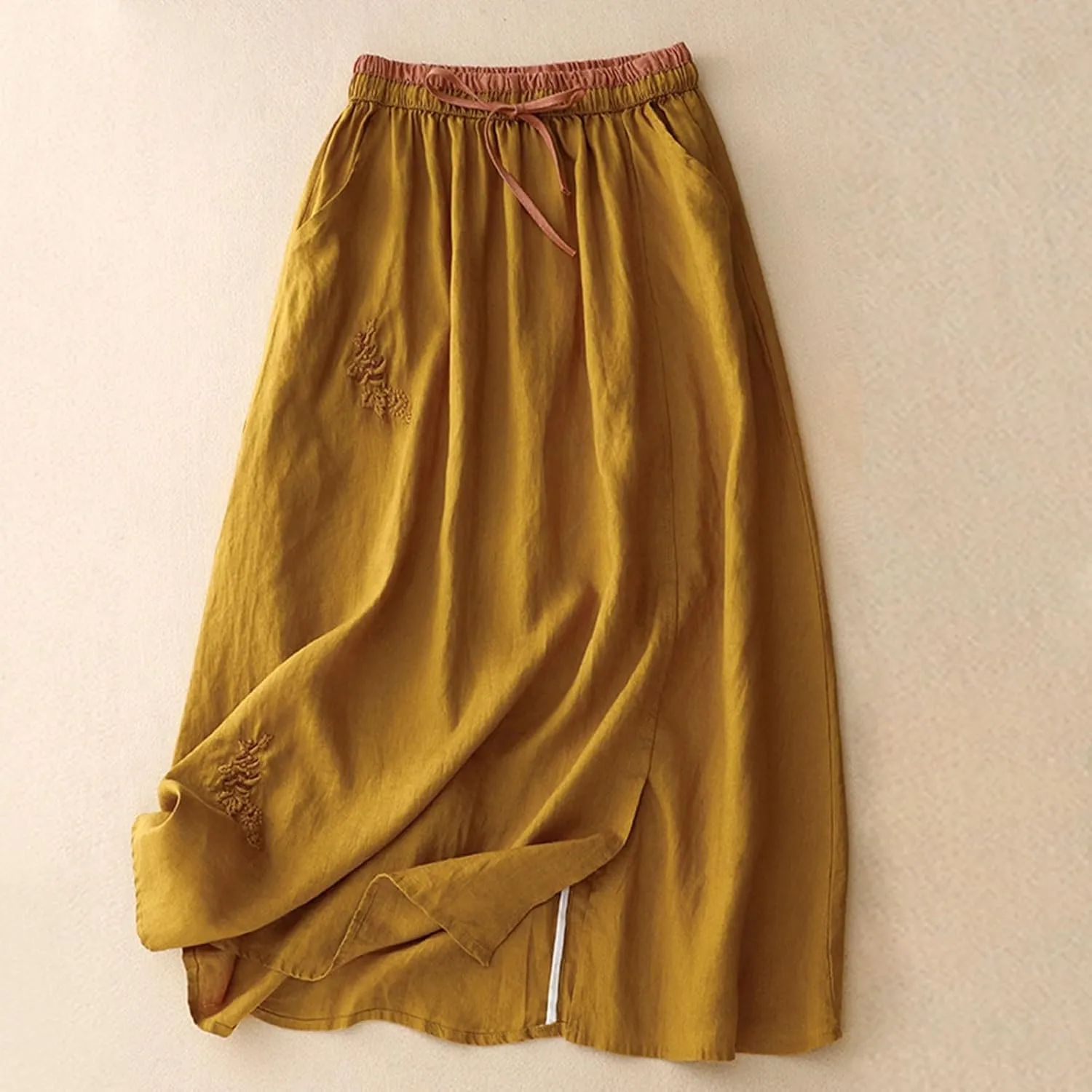FZYLQY Embroidery Maxi Skirts for Women with Pockets Midi Length Long Skirt Casual Beach Party Holiday Cotton Linen Skirt