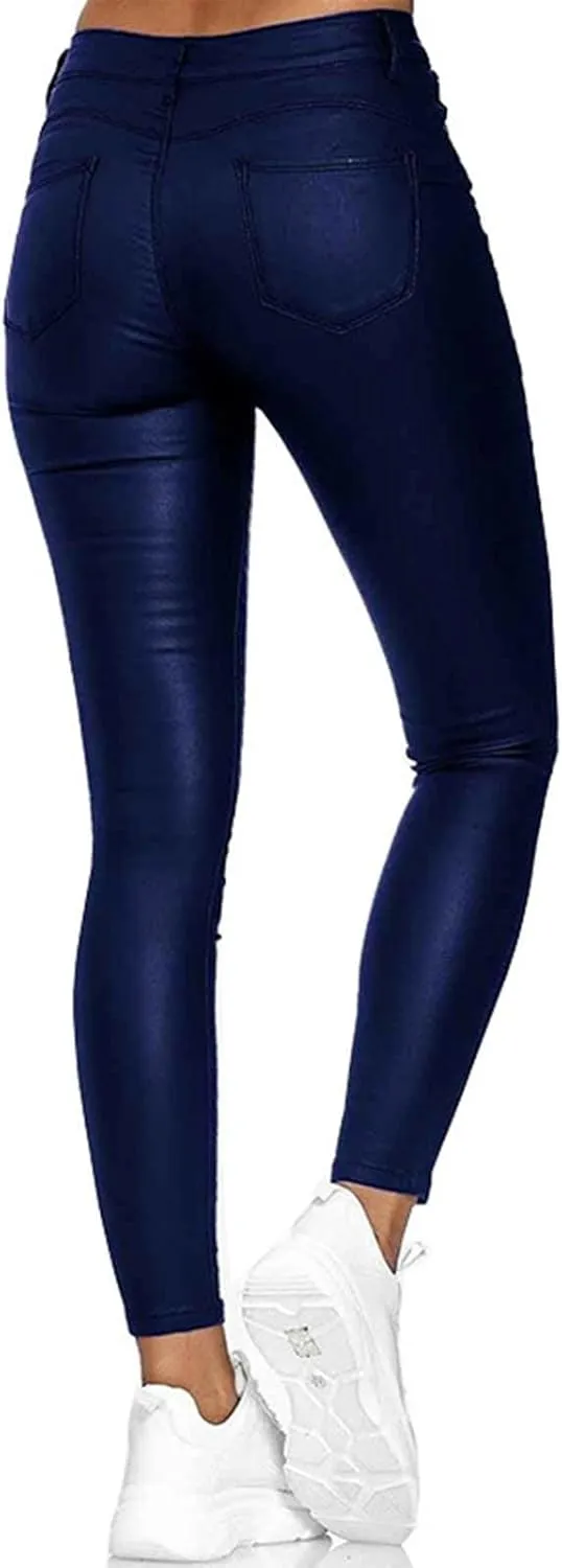 FZYLQY Faux Leather Leggings for Women High Waisted Pleather Pants PU Skinny Pants 2024 Ladies Stretchy Tights with Pockets