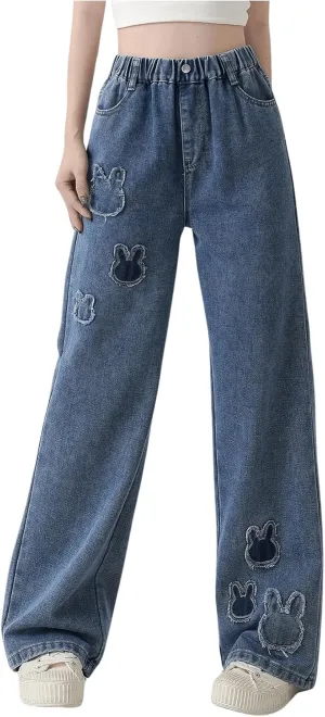 Girl's Animal Pattern Elastic High Waist Jeans Straight Leg Loose Denim Pants