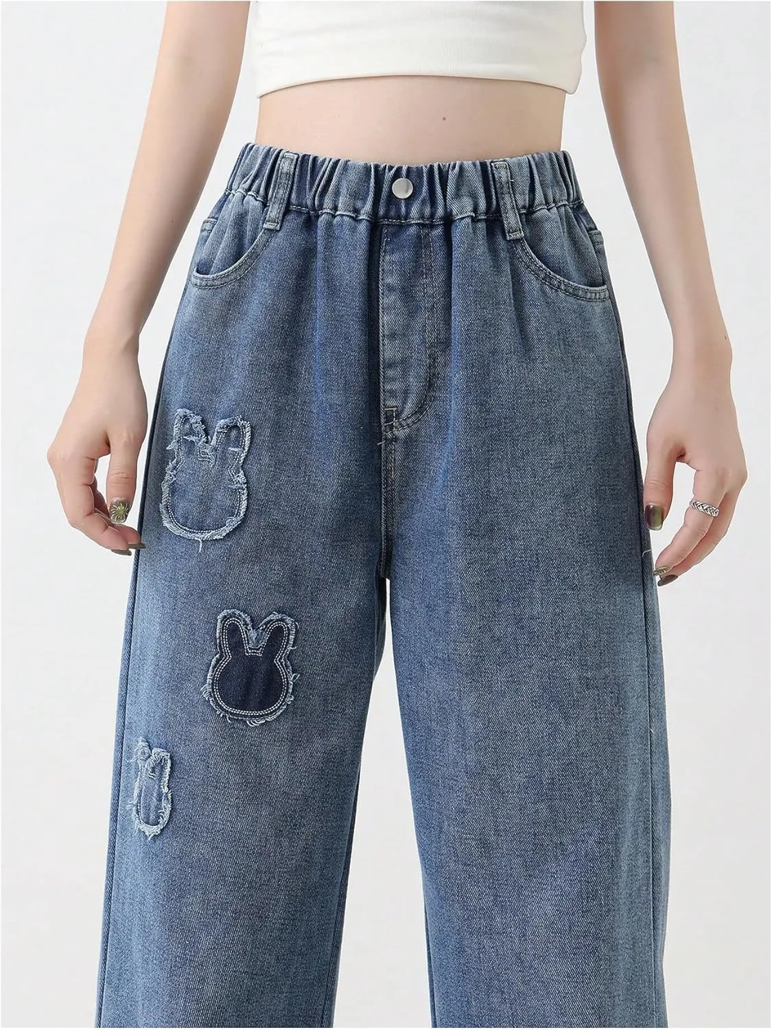 Girl's Animal Pattern Elastic High Waist Jeans Straight Leg Loose Denim Pants