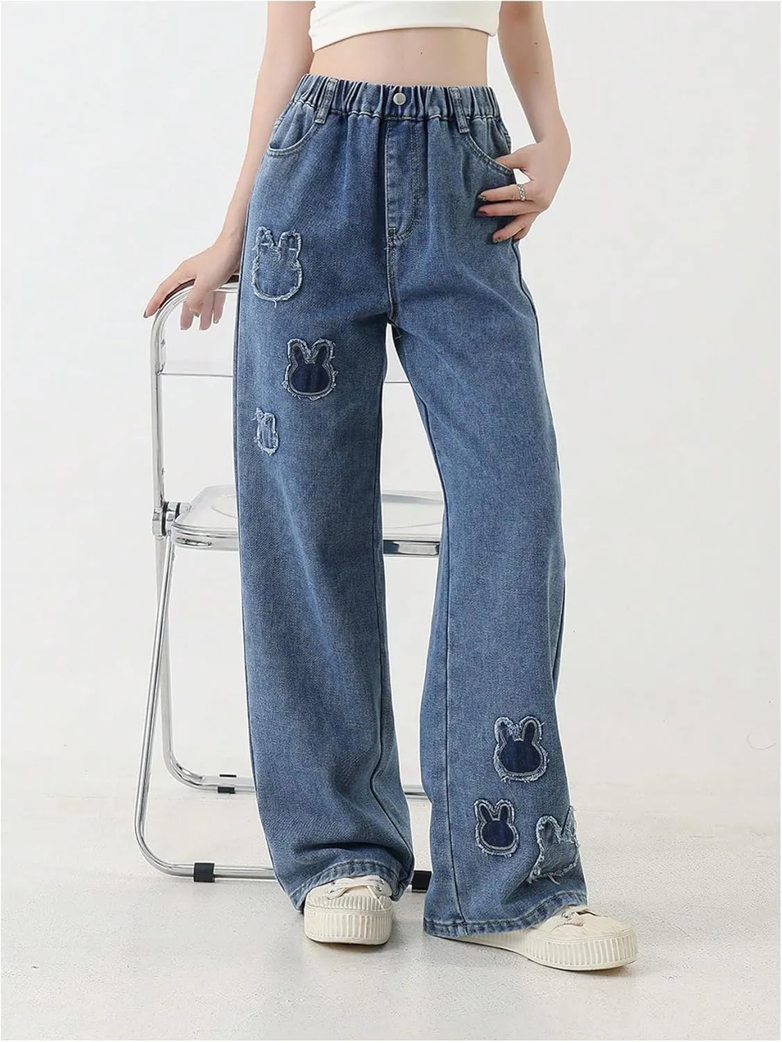 Girl's Animal Pattern Elastic High Waist Jeans Straight Leg Loose Denim Pants