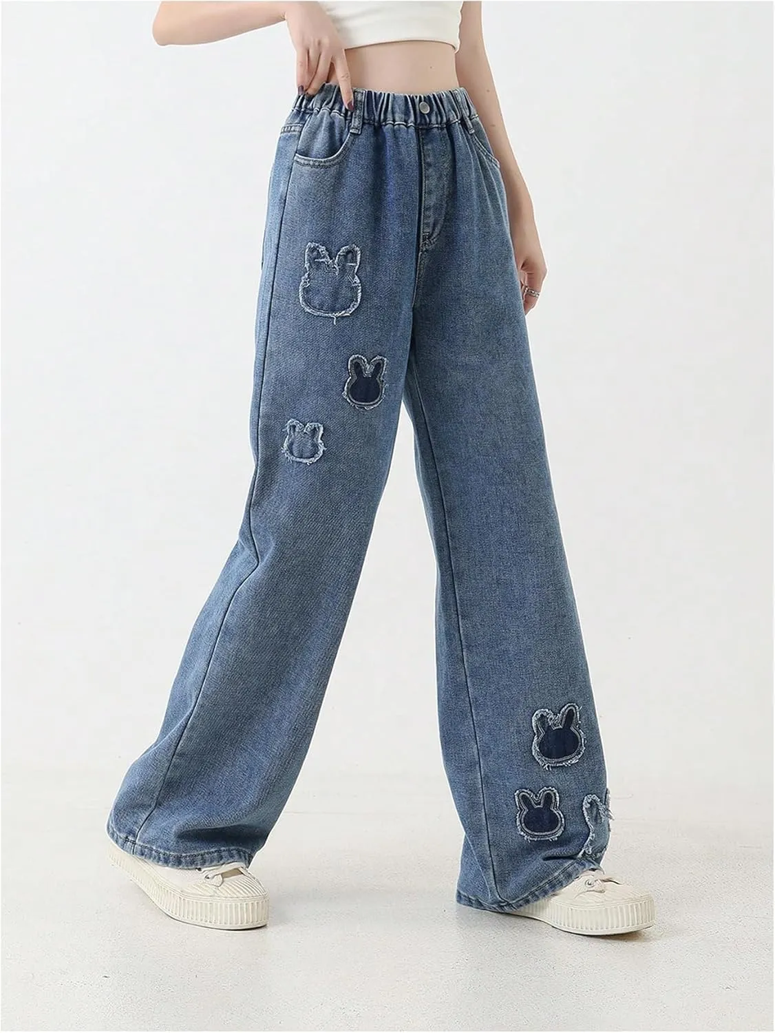 Girl's Animal Pattern Elastic High Waist Jeans Straight Leg Loose Denim Pants