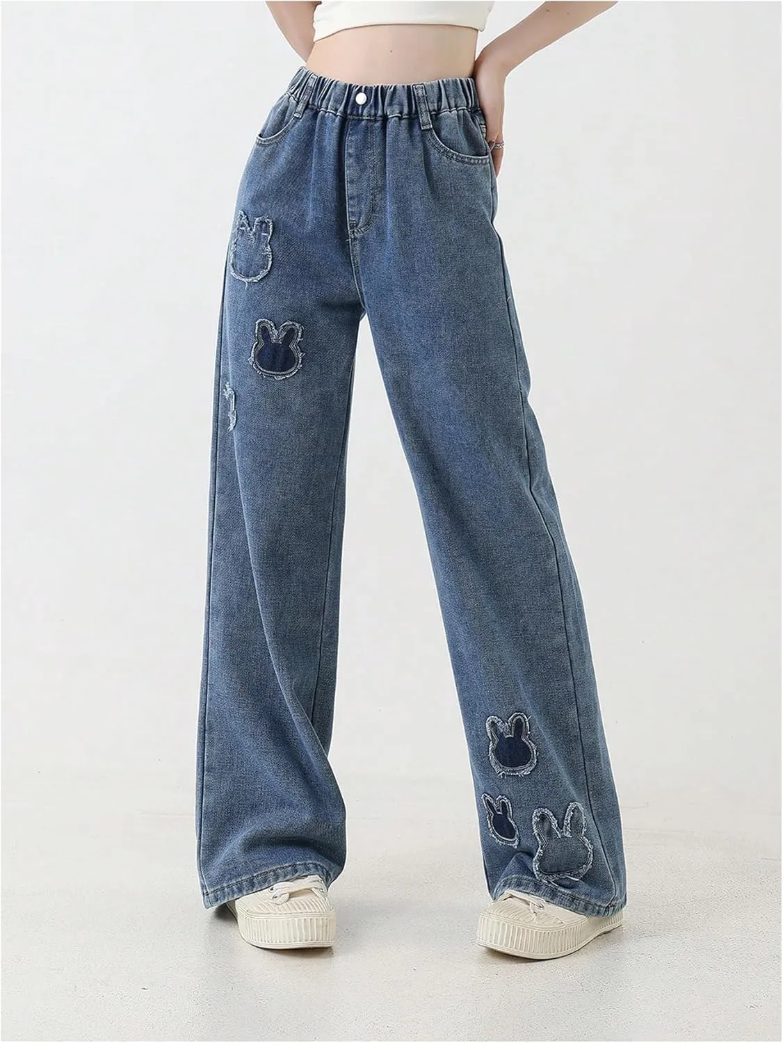 Girl's Animal Pattern Elastic High Waist Jeans Straight Leg Loose Denim Pants