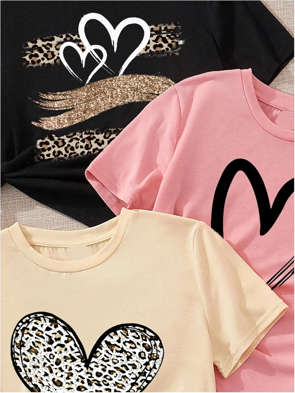 GORGLITTER Girl's 3 Piece Heart Leopard T Shirt Graphic Crewneck Short Sleeve Oversized Shirt