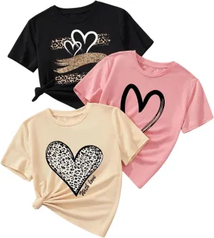 GORGLITTER Girl's 3 Piece Heart Leopard T Shirt Graphic Crewneck Short Sleeve Oversized Shirt