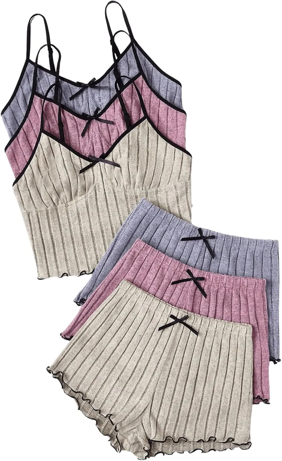 GORGLITTER Women's 6 Piece Ribbed Pajama Set Frill Trim Spaghetti Strap Cami Shorts Lounge Set Sleepwear