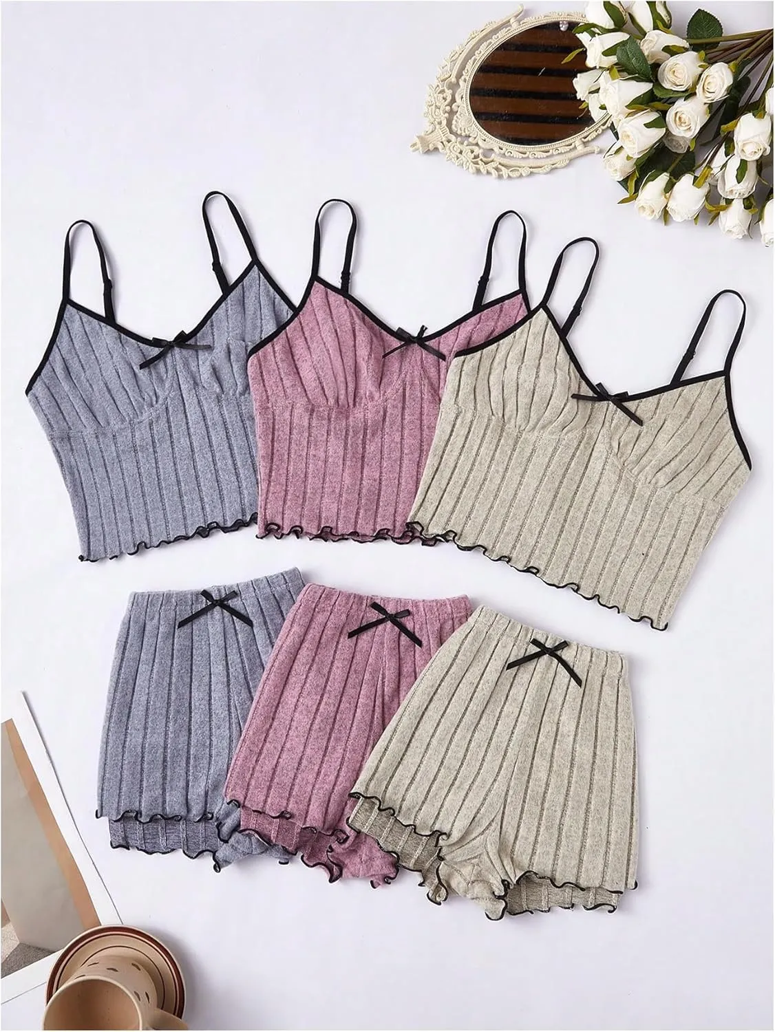 GORGLITTER Women's 6 Piece Ribbed Pajama Set Frill Trim Spaghetti Strap Cami Shorts Lounge Set Sleepwear