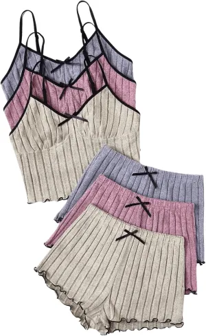GORGLITTER Women's 6 Piece Ribbed Pajama Set Frill Trim Spaghetti Strap Cami Shorts Lounge Set Sleepwear