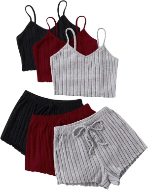 GORGLITTER Women's 6 Piece Ribbed Pajama Set Spaghetti Strap Cami Crop Top and Shorts Lounge Set Sleepwear