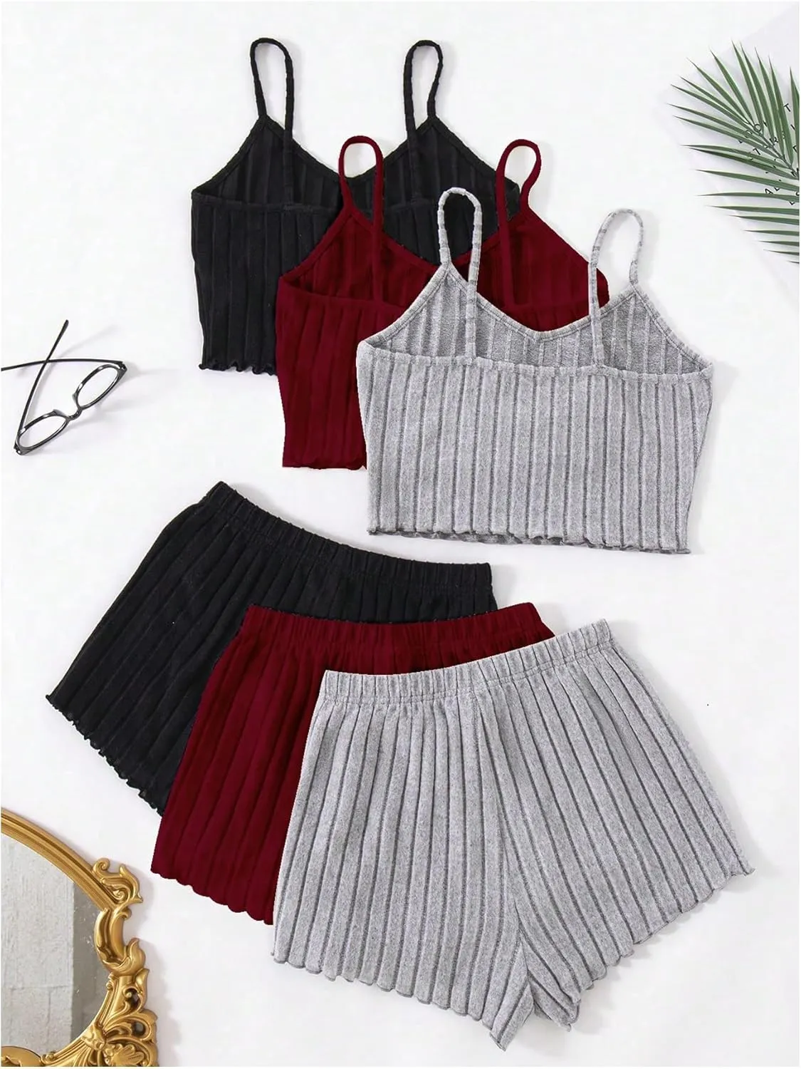GORGLITTER Women's 6 Piece Ribbed Pajama Set Spaghetti Strap Cami Crop Top and Shorts Lounge Set Sleepwear