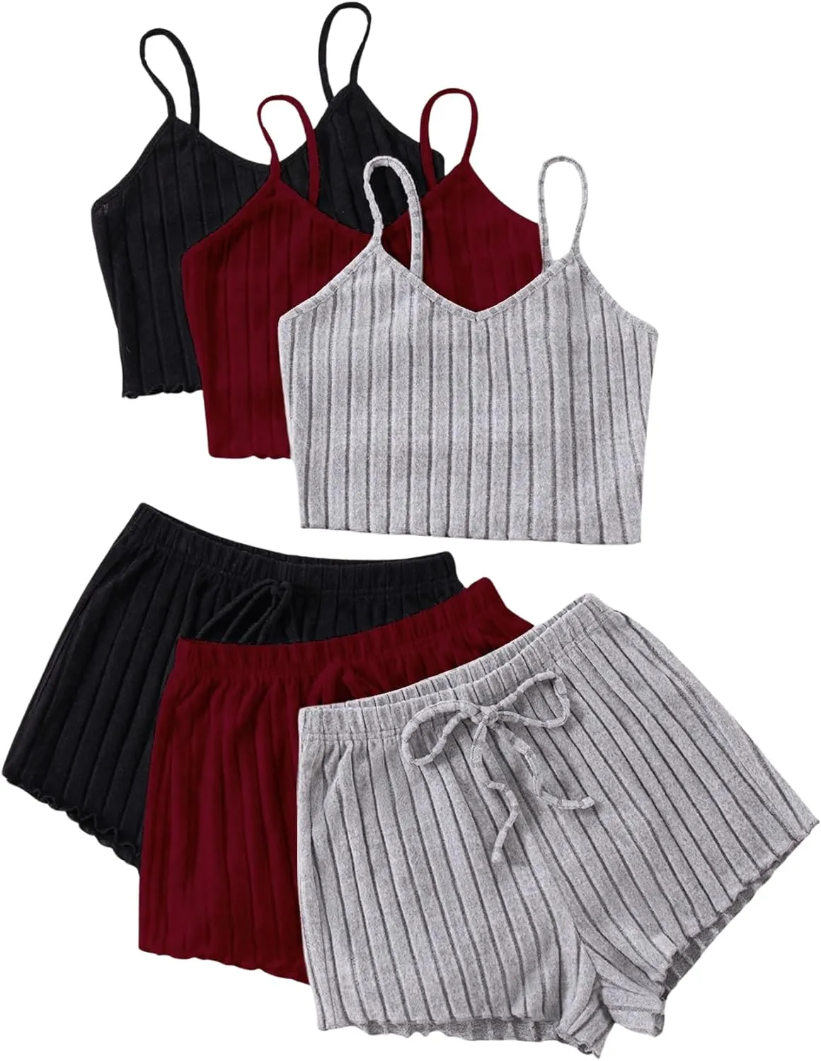 GORGLITTER Women's 6 Piece Ribbed Pajama Set Spaghetti Strap Cami Crop Top and Shorts Lounge Set Sleepwear