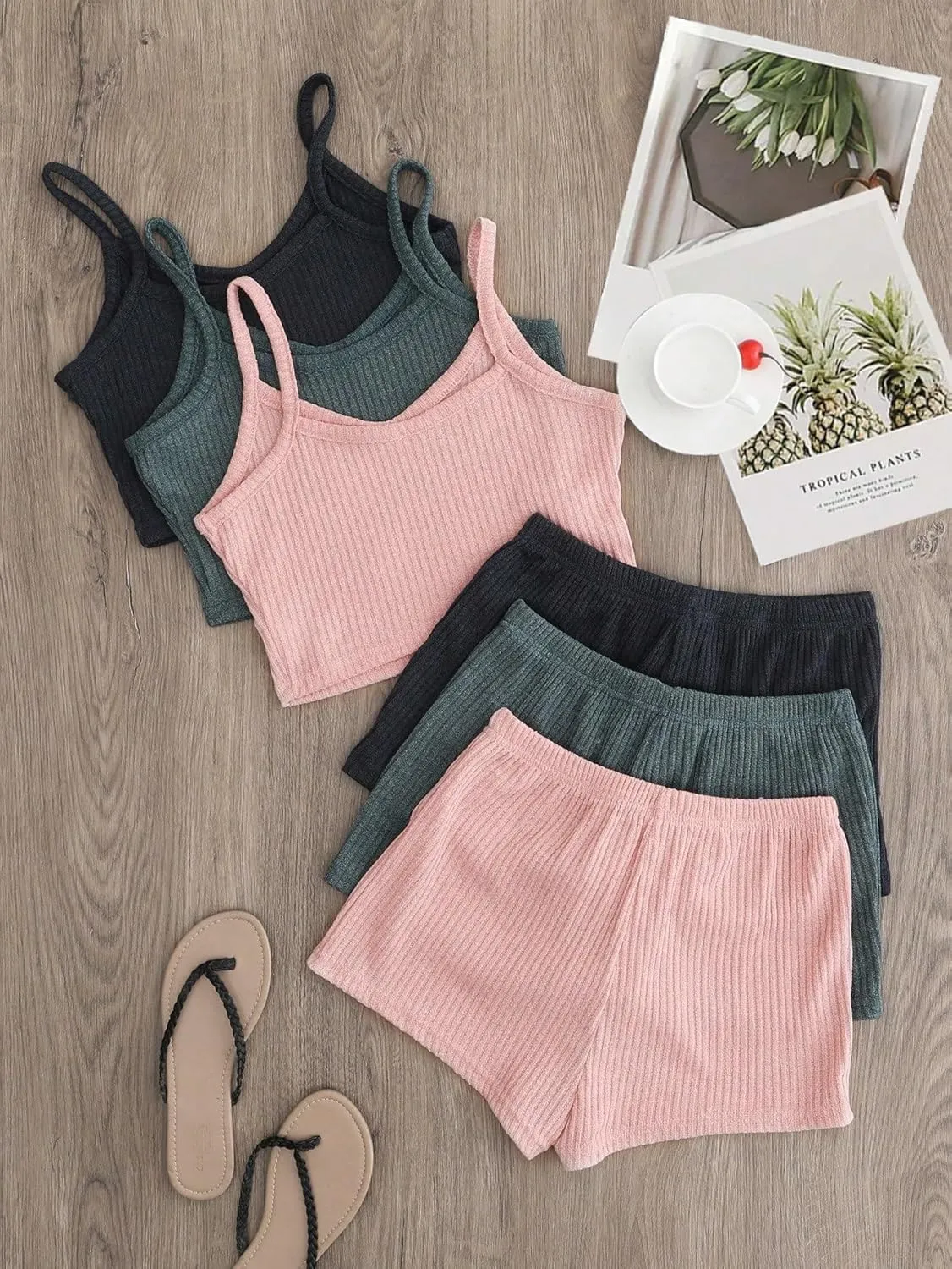 GORGLITTER Women's 6 Pieces Pajamas Set Ribbed Knit Sleeveless Crop Cami Top and Shorts Sleepwear