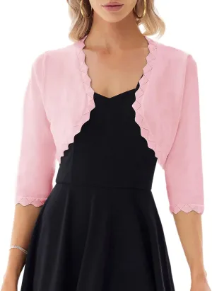 GRACE KARIN Women's 3/4 Sleeve Open Front Scalloped Knit Cropped Bolero Shrug Cardigan