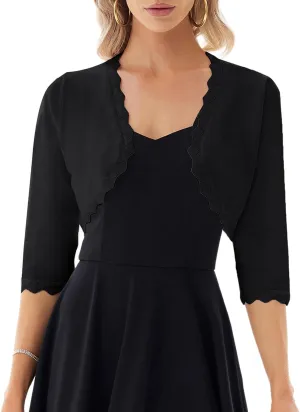 GRACE KARIN Women's 3/4 Sleeve Open Front Scalloped Knit Cropped Bolero Shrug Cardigan