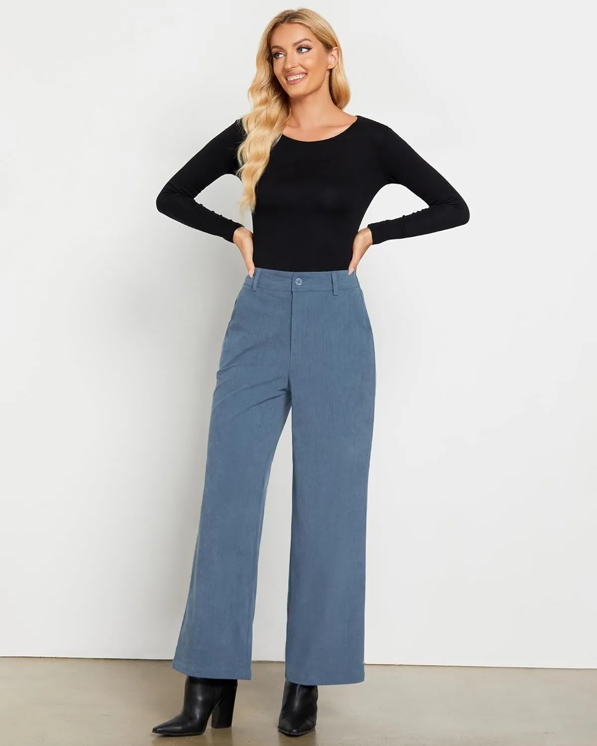 GRAPENT Corduroy Wide Leg Pants Woman High Waisted Fall Business Casual Elastic Waist Loose Trendy Trousers with Pockets