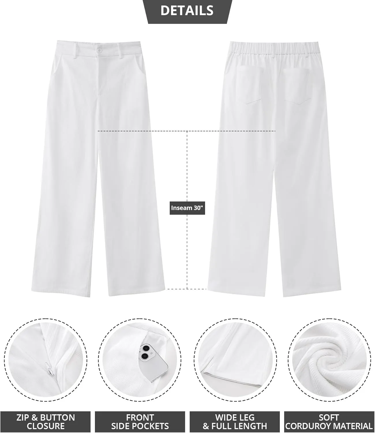 GRAPENT Corduroy Wide Leg Pants Woman High Waisted Fall Business Casual Elastic Waist Loose Trendy Trousers with Pockets