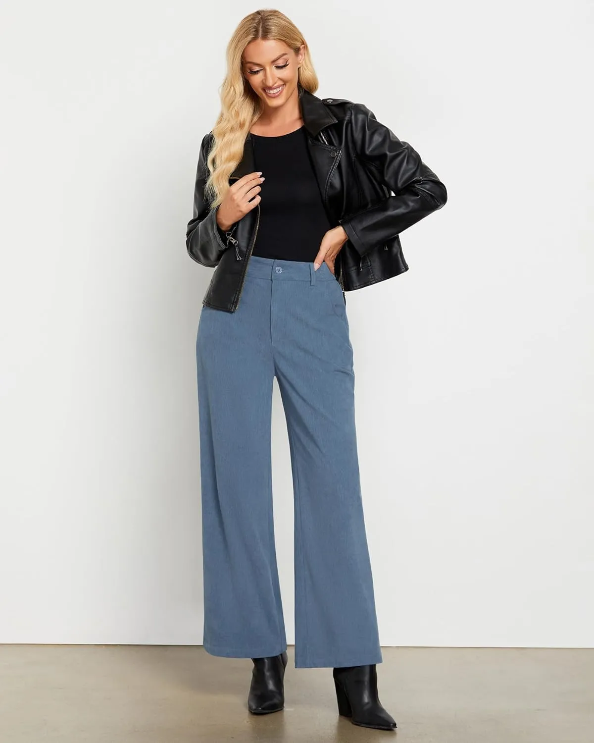 GRAPENT Corduroy Wide Leg Pants Woman High Waisted Fall Business Casual Elastic Waist Loose Trendy Trousers with Pockets