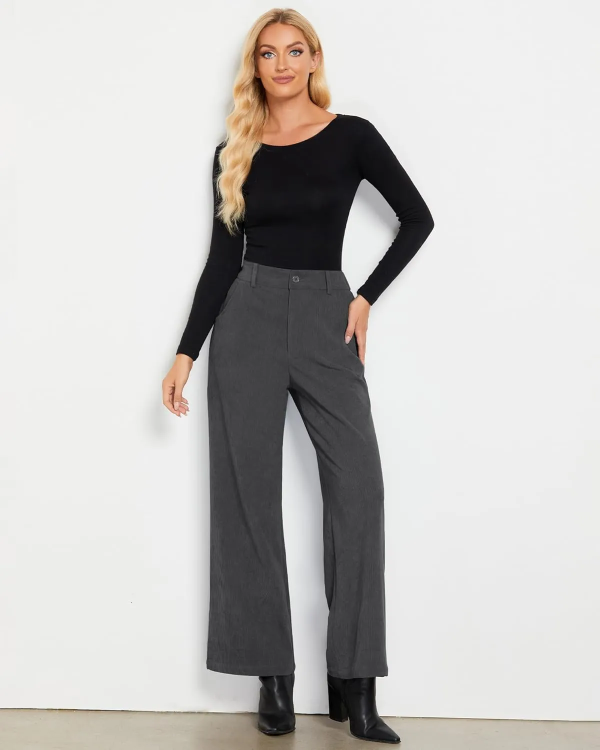 GRAPENT Corduroy Wide Leg Pants Woman High Waisted Fall Business Casual Elastic Waist Loose Trendy Trousers with Pockets