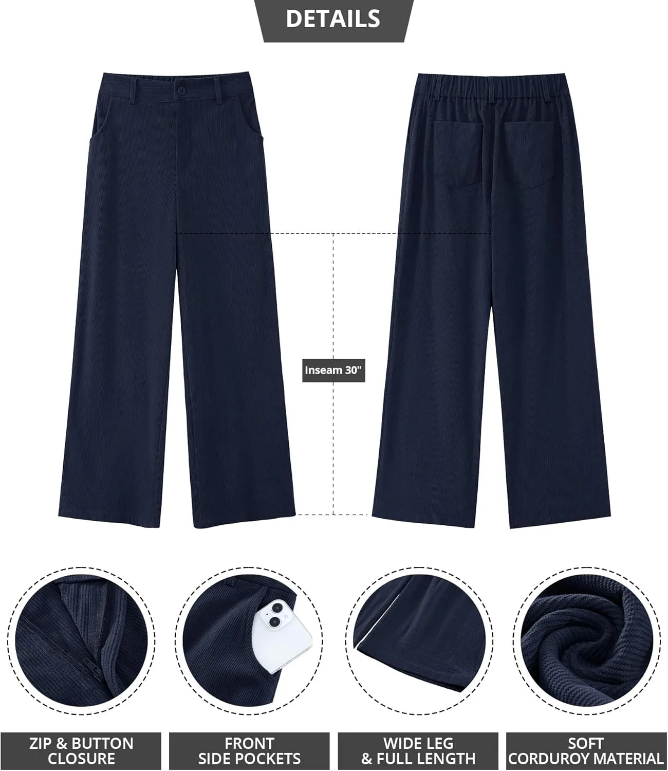 GRAPENT Corduroy Wide Leg Pants Woman High Waisted Fall Business Casual Elastic Waist Loose Trendy Trousers with Pockets