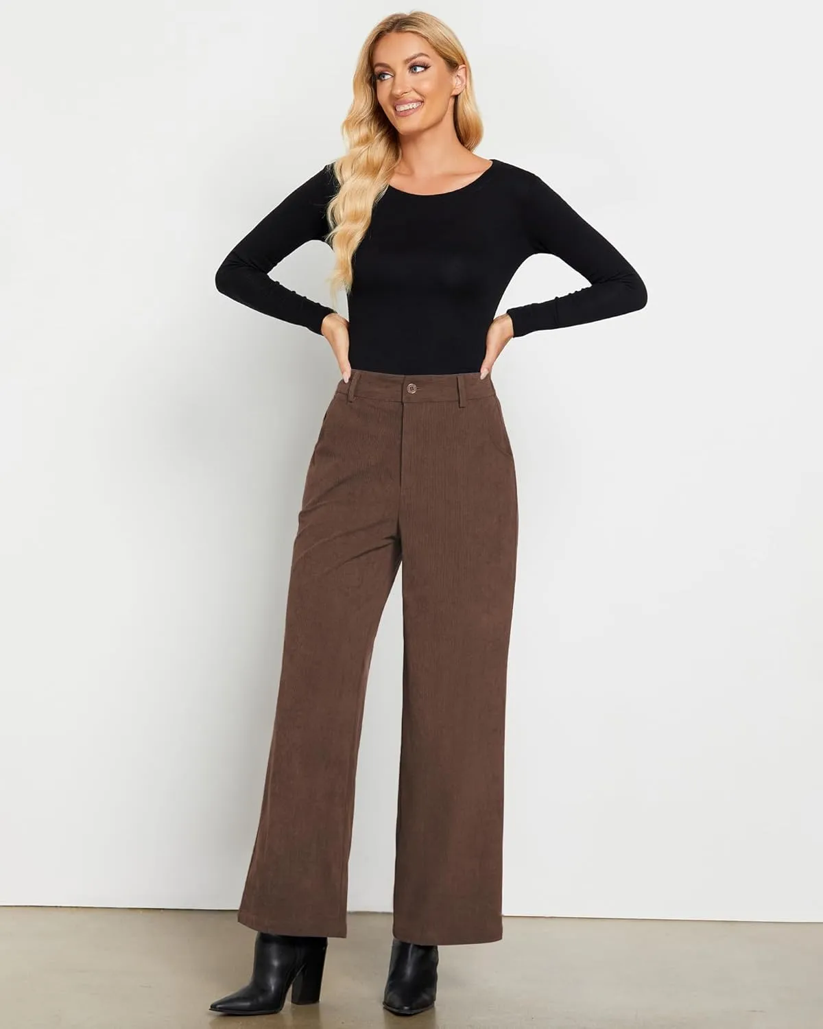 GRAPENT Corduroy Wide Leg Pants Woman High Waisted Fall Business Casual Elastic Waist Loose Trendy Trousers with Pockets
