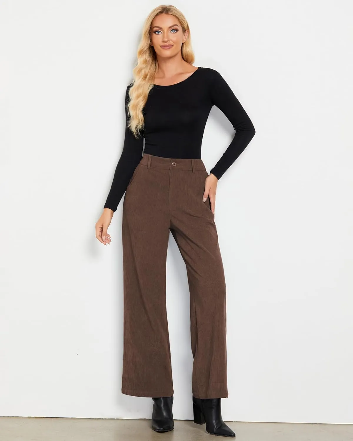GRAPENT Corduroy Wide Leg Pants Woman High Waisted Fall Business Casual Elastic Waist Loose Trendy Trousers with Pockets