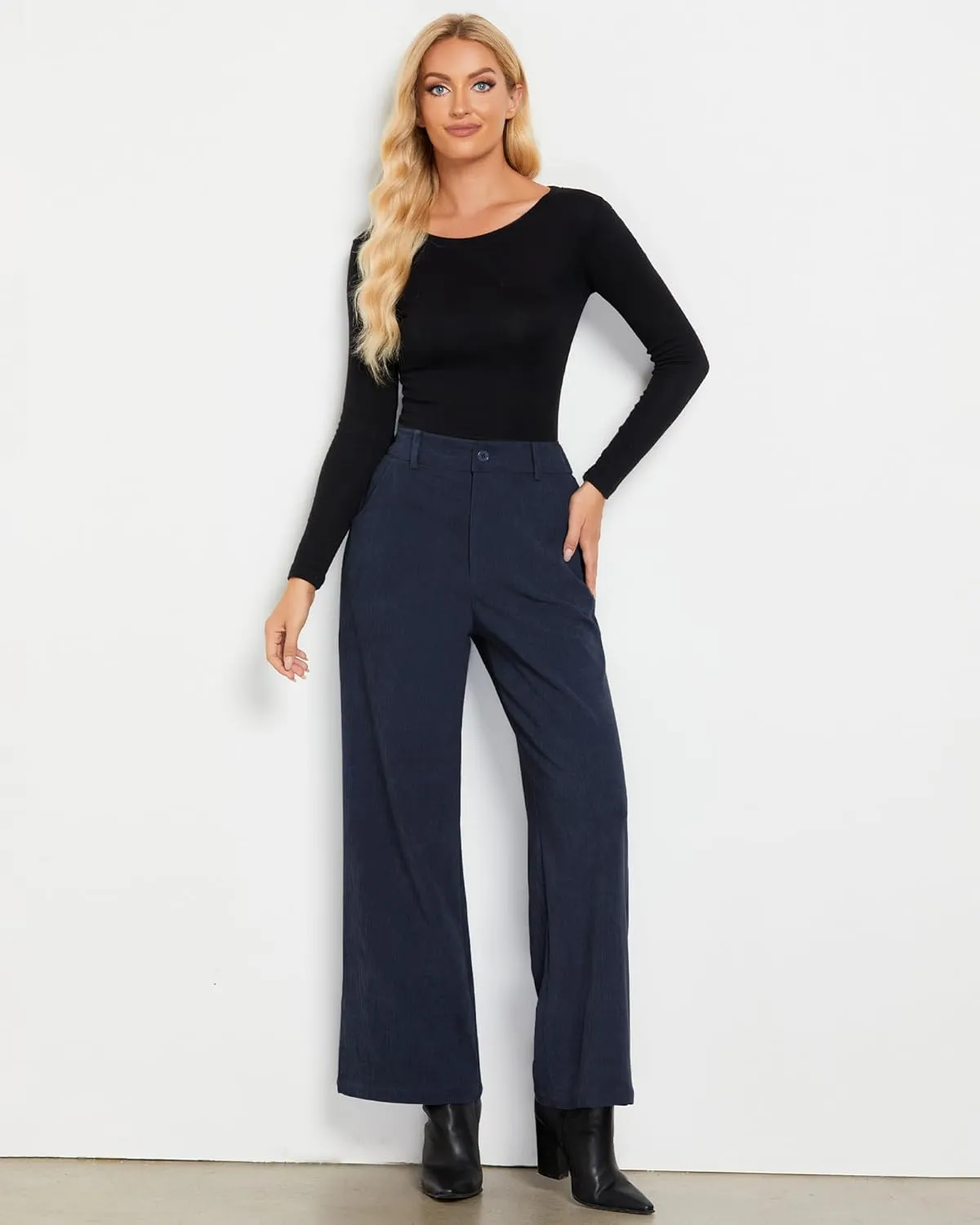 GRAPENT Corduroy Wide Leg Pants Woman High Waisted Fall Business Casual Elastic Waist Loose Trendy Trousers with Pockets