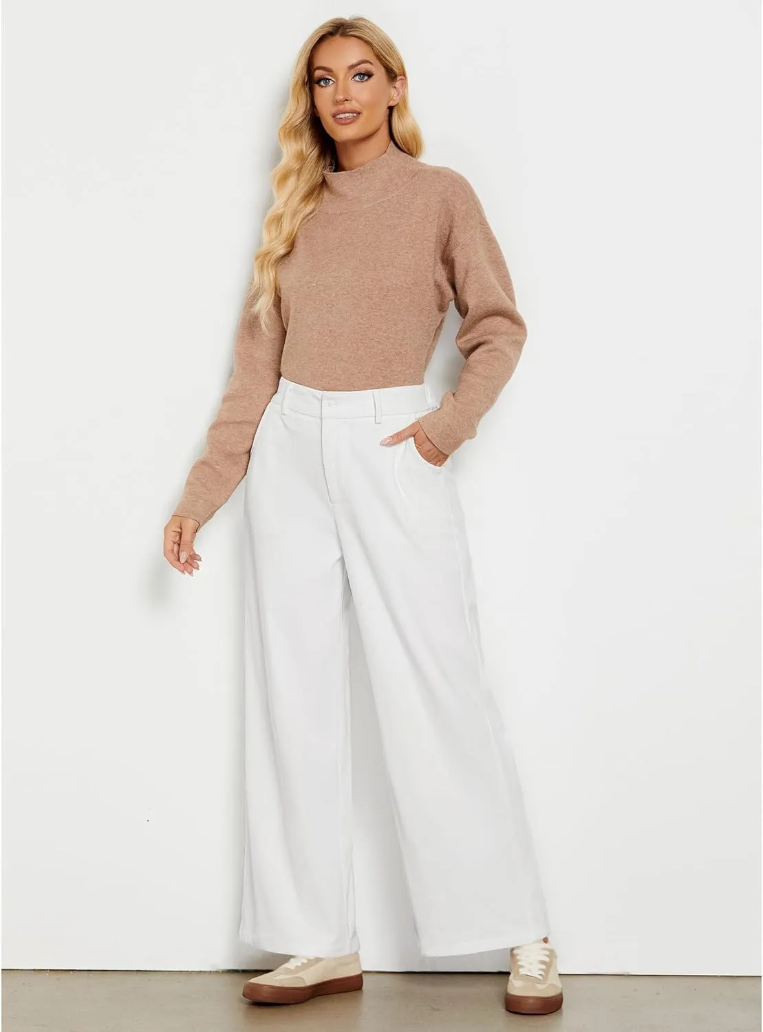 GRAPENT Corduroy Wide Leg Pants Woman High Waisted Fall Business Casual Elastic Waist Loose Trendy Trousers with Pockets