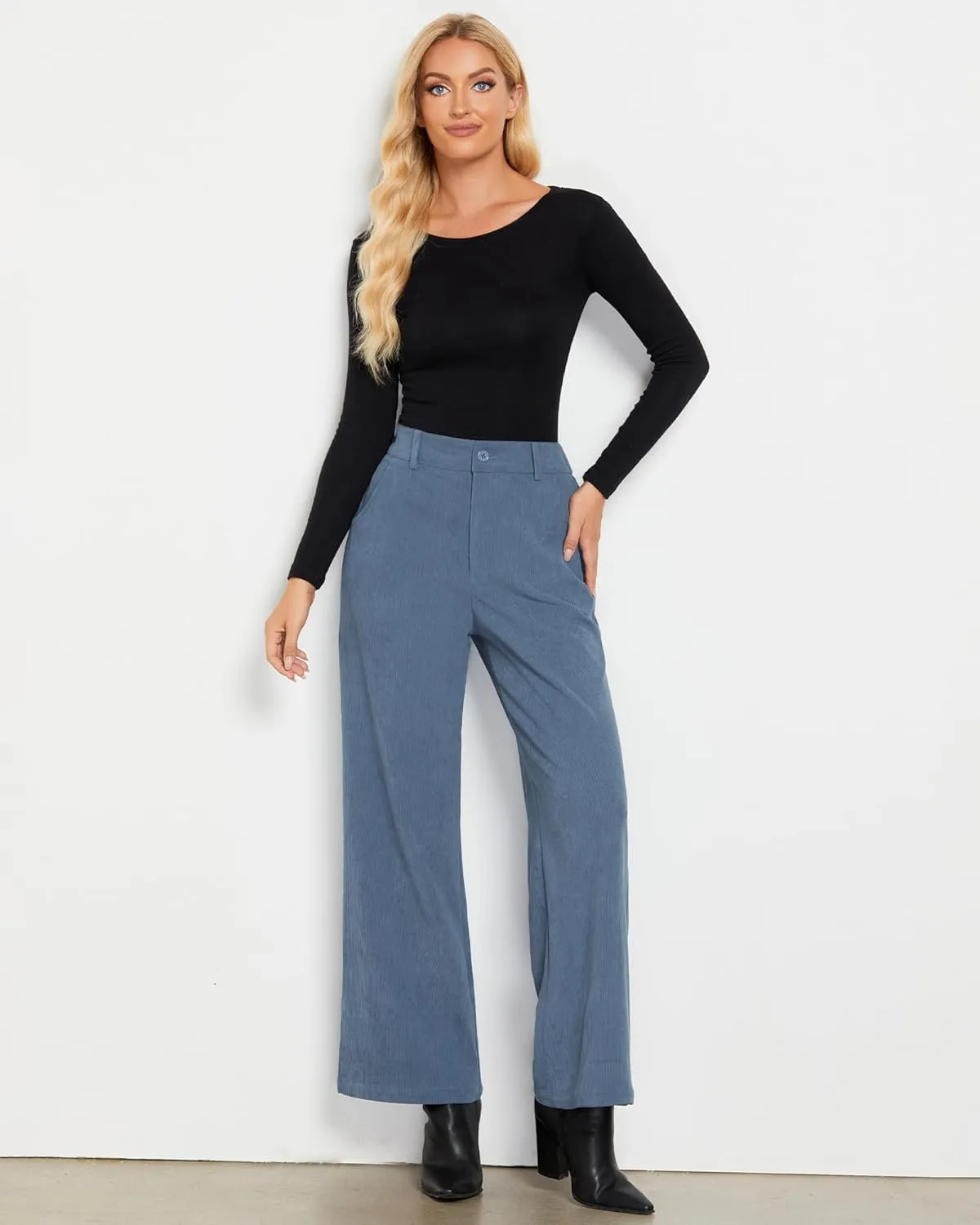 GRAPENT Corduroy Wide Leg Pants Woman High Waisted Fall Business Casual Elastic Waist Loose Trendy Trousers with Pockets