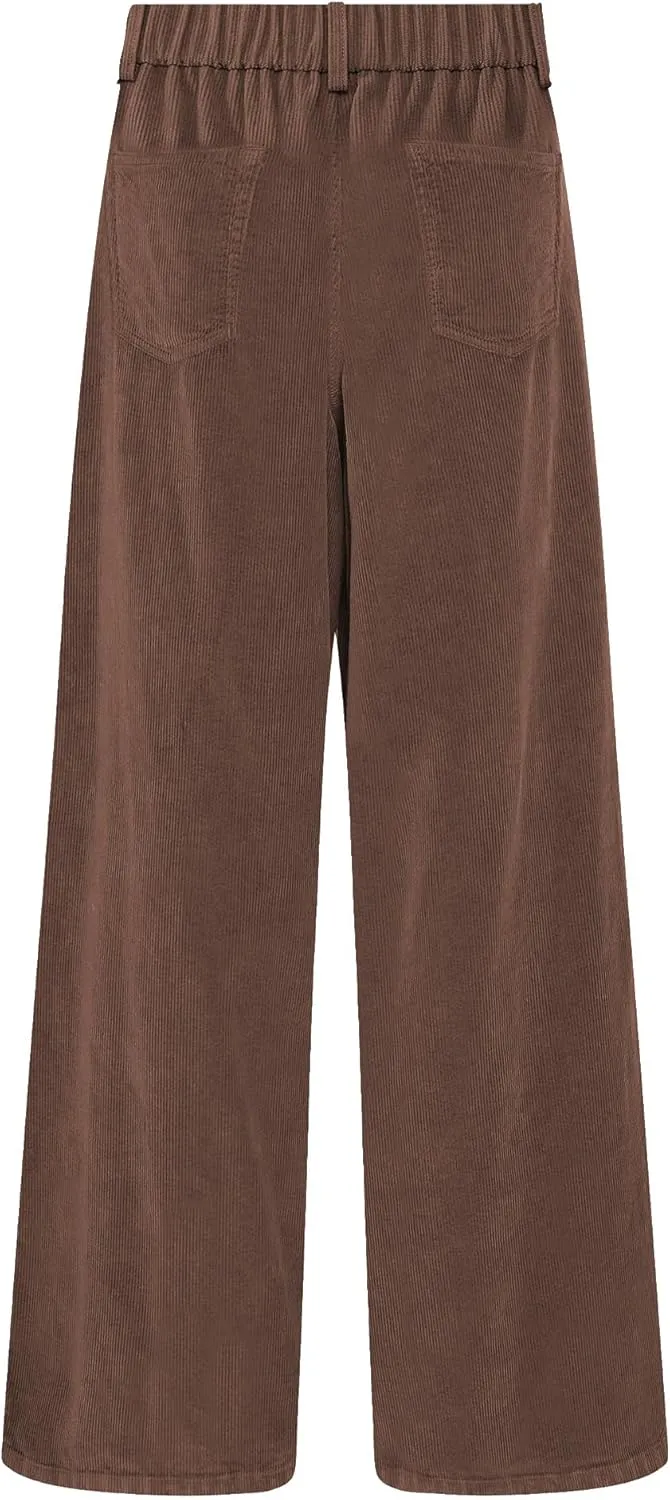 GRAPENT Corduroy Wide Leg Pants Woman High Waisted Fall Business Casual Elastic Waist Loose Trendy Trousers with Pockets