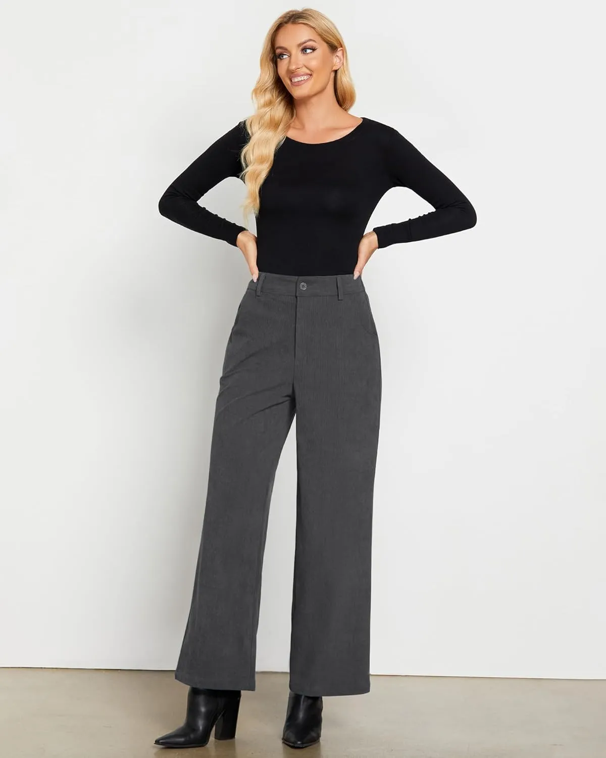 GRAPENT Corduroy Wide Leg Pants Woman High Waisted Fall Business Casual Elastic Waist Loose Trendy Trousers with Pockets