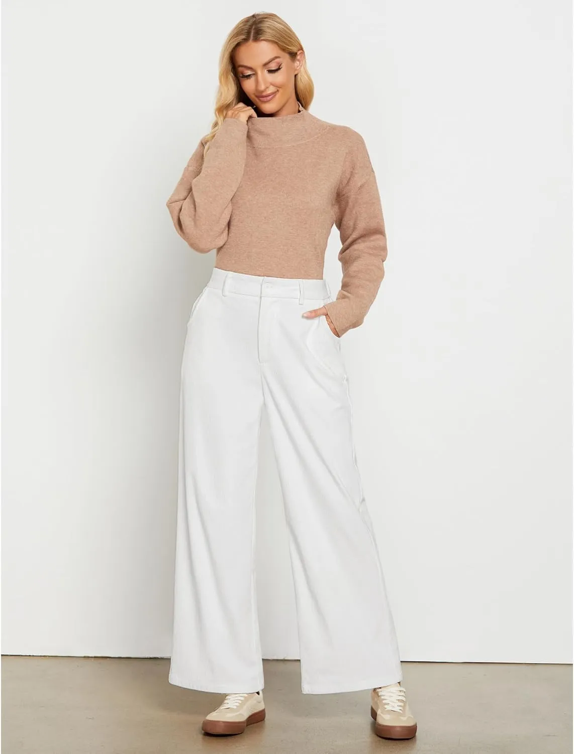 GRAPENT Corduroy Wide Leg Pants Woman High Waisted Fall Business Casual Elastic Waist Loose Trendy Trousers with Pockets