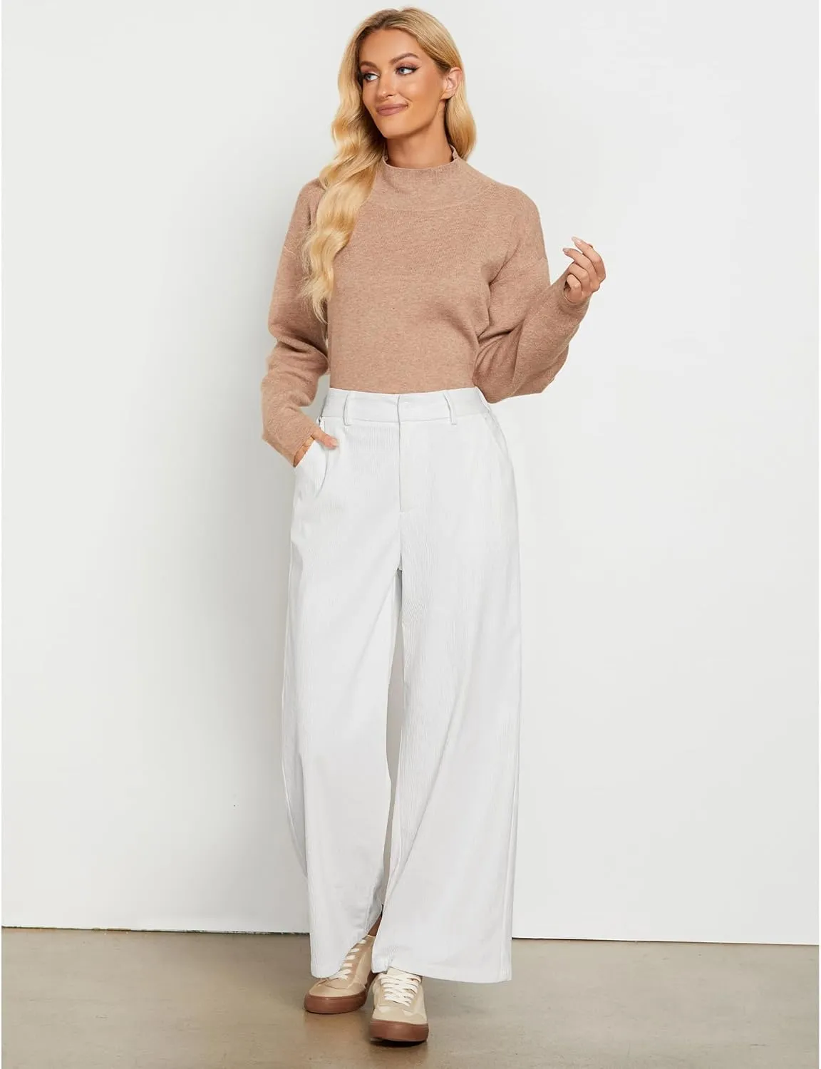 GRAPENT Corduroy Wide Leg Pants Woman High Waisted Fall Business Casual Elastic Waist Loose Trendy Trousers with Pockets