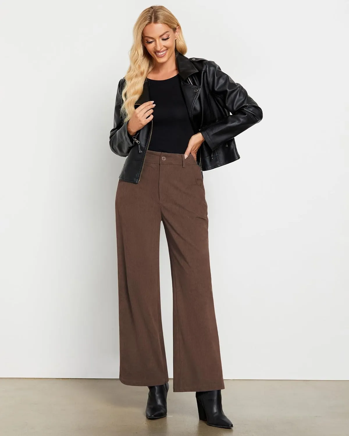 GRAPENT Corduroy Wide Leg Pants Woman High Waisted Fall Business Casual Elastic Waist Loose Trendy Trousers with Pockets
