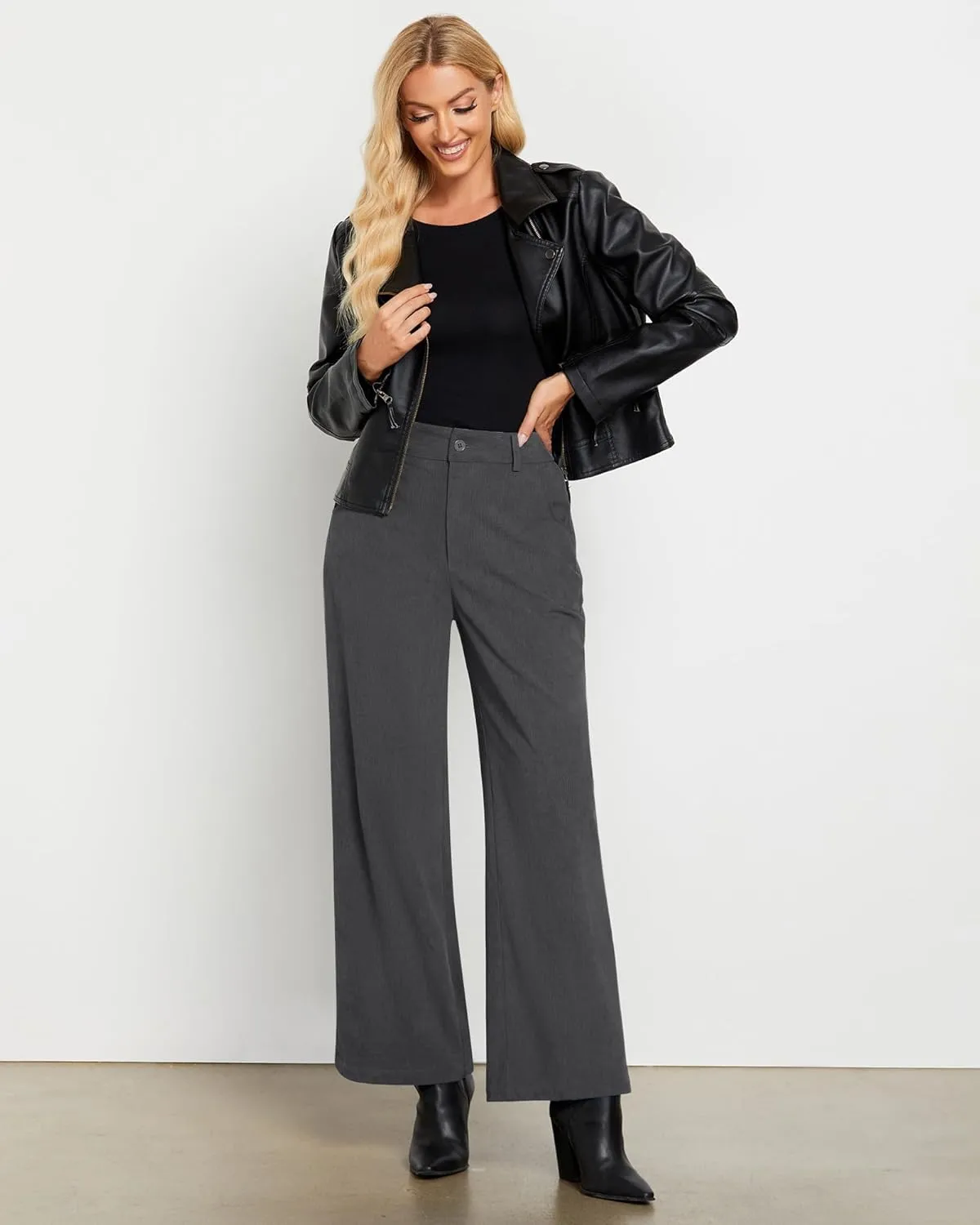 GRAPENT Corduroy Wide Leg Pants Woman High Waisted Fall Business Casual Elastic Waist Loose Trendy Trousers with Pockets