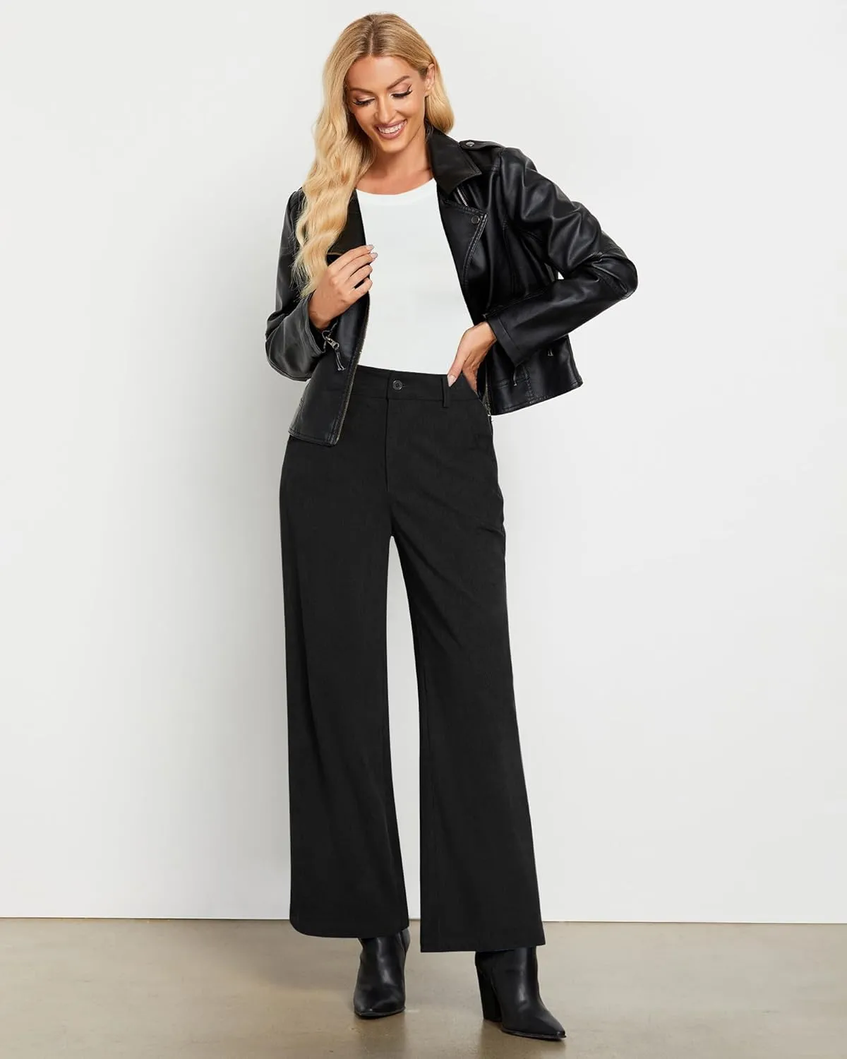 GRAPENT Corduroy Wide Leg Pants Woman High Waisted Fall Business Casual Elastic Waist Loose Trendy Trousers with Pockets