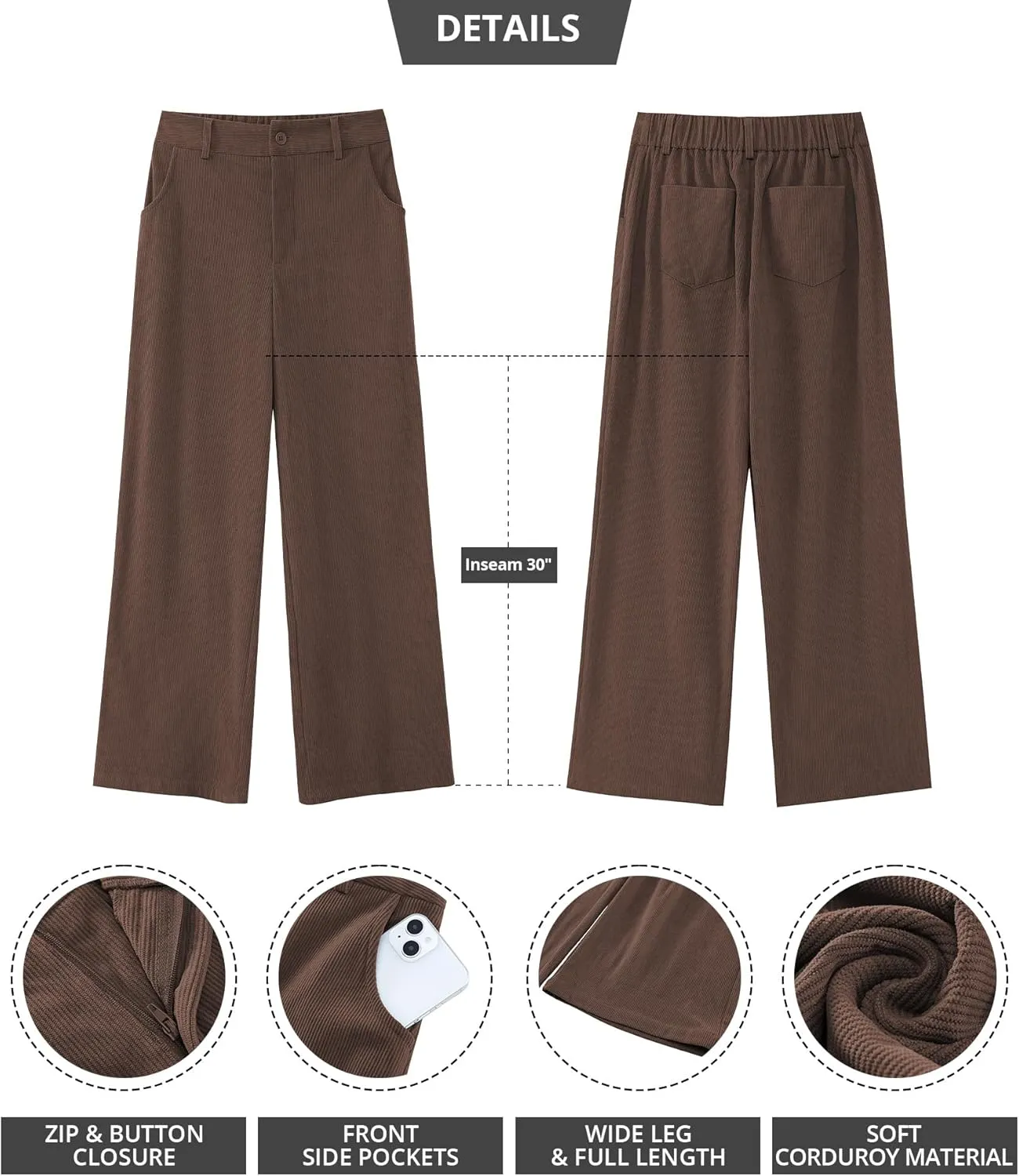 GRAPENT Corduroy Wide Leg Pants Woman High Waisted Fall Business Casual Elastic Waist Loose Trendy Trousers with Pockets
