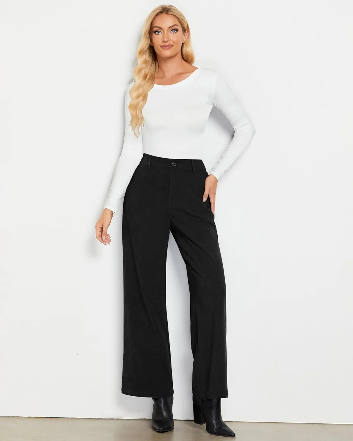 GRAPENT Corduroy Wide Leg Pants Woman High Waisted Fall Business Casual Elastic Waist Loose Trendy Trousers with Pockets