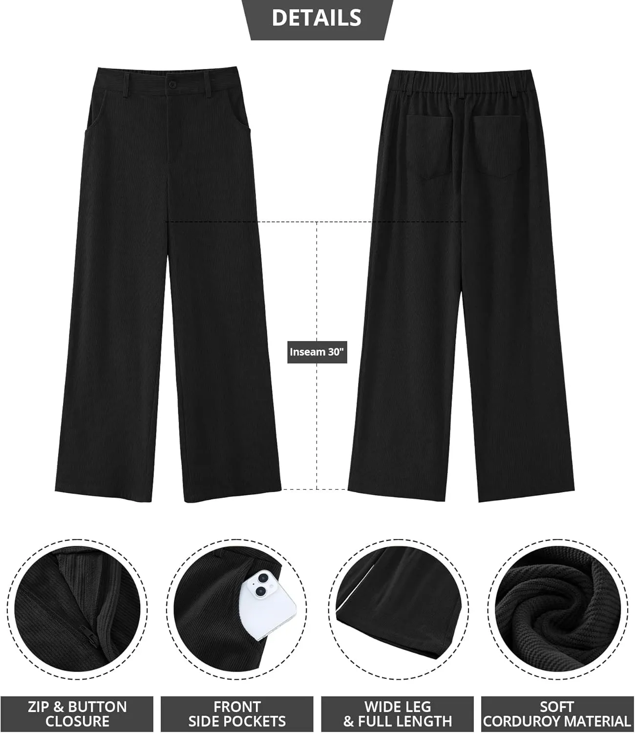 GRAPENT Corduroy Wide Leg Pants Woman High Waisted Fall Business Casual Elastic Waist Loose Trendy Trousers with Pockets