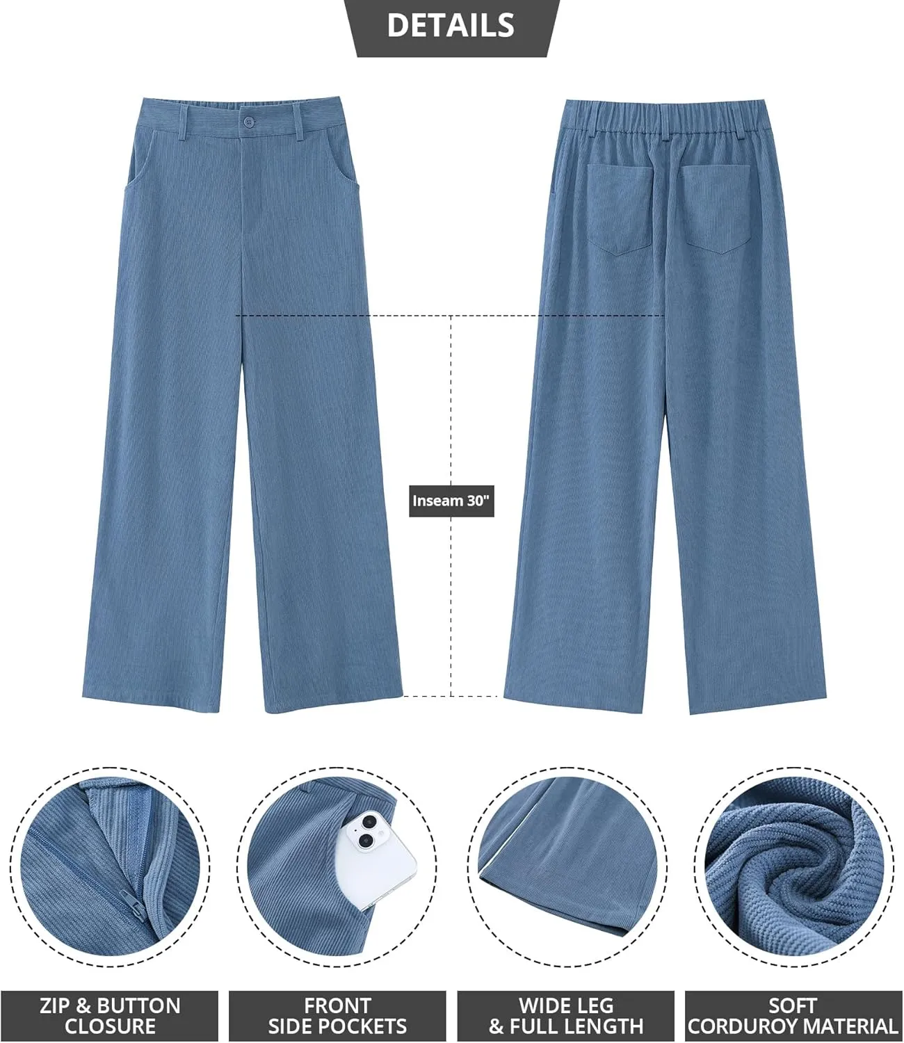 GRAPENT Corduroy Wide Leg Pants Woman High Waisted Fall Business Casual Elastic Waist Loose Trendy Trousers with Pockets