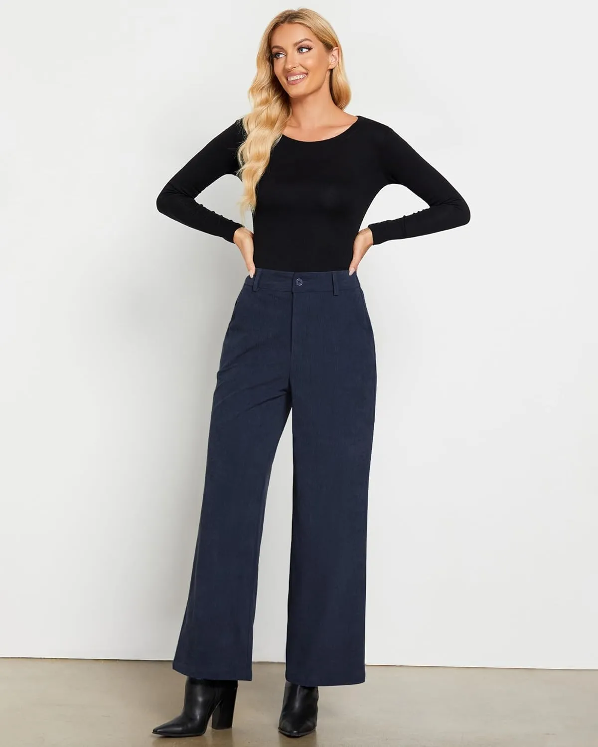 GRAPENT Corduroy Wide Leg Pants Woman High Waisted Fall Business Casual Elastic Waist Loose Trendy Trousers with Pockets