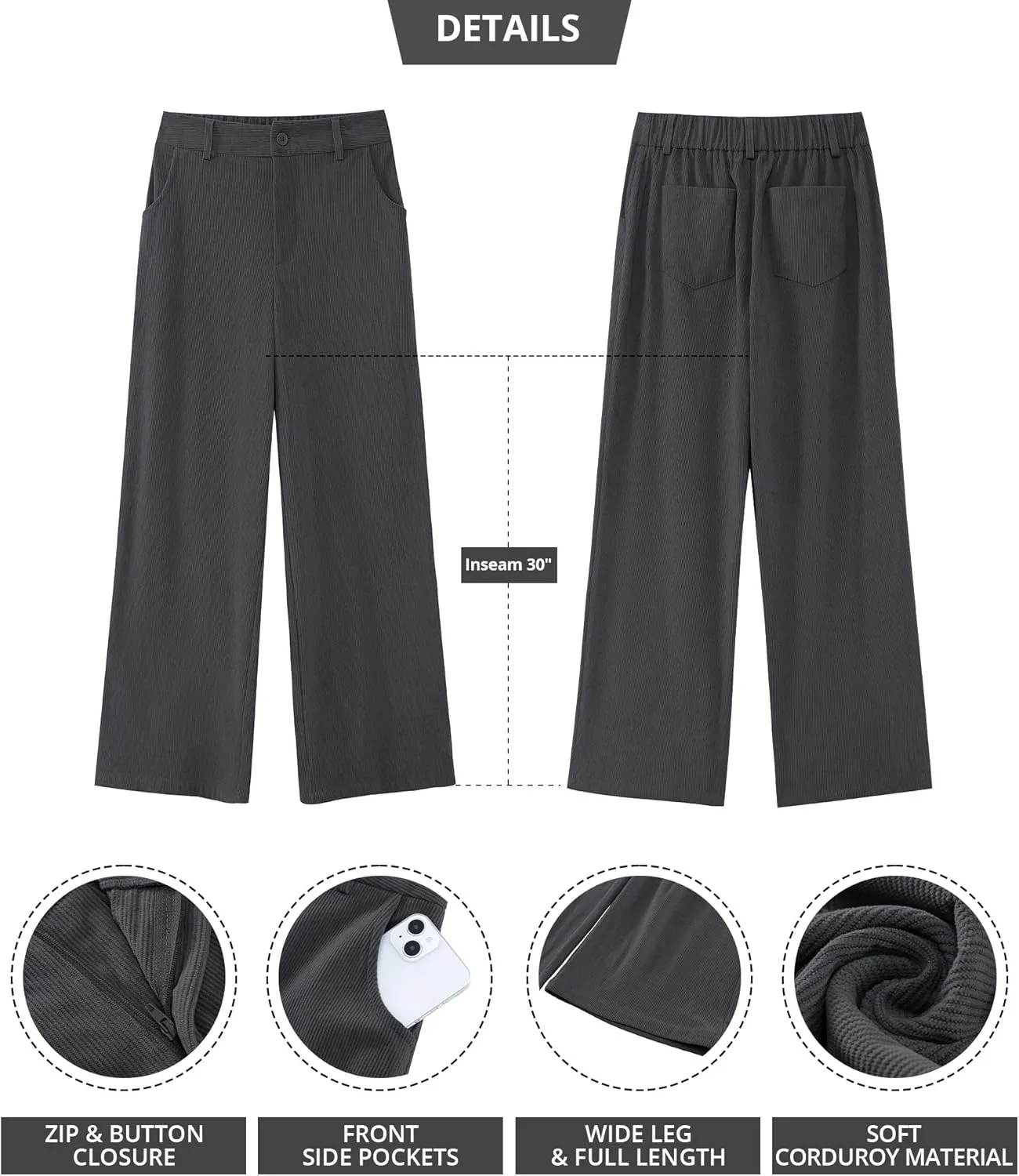 GRAPENT Corduroy Wide Leg Pants Woman High Waisted Fall Business Casual Elastic Waist Loose Trendy Trousers with Pockets