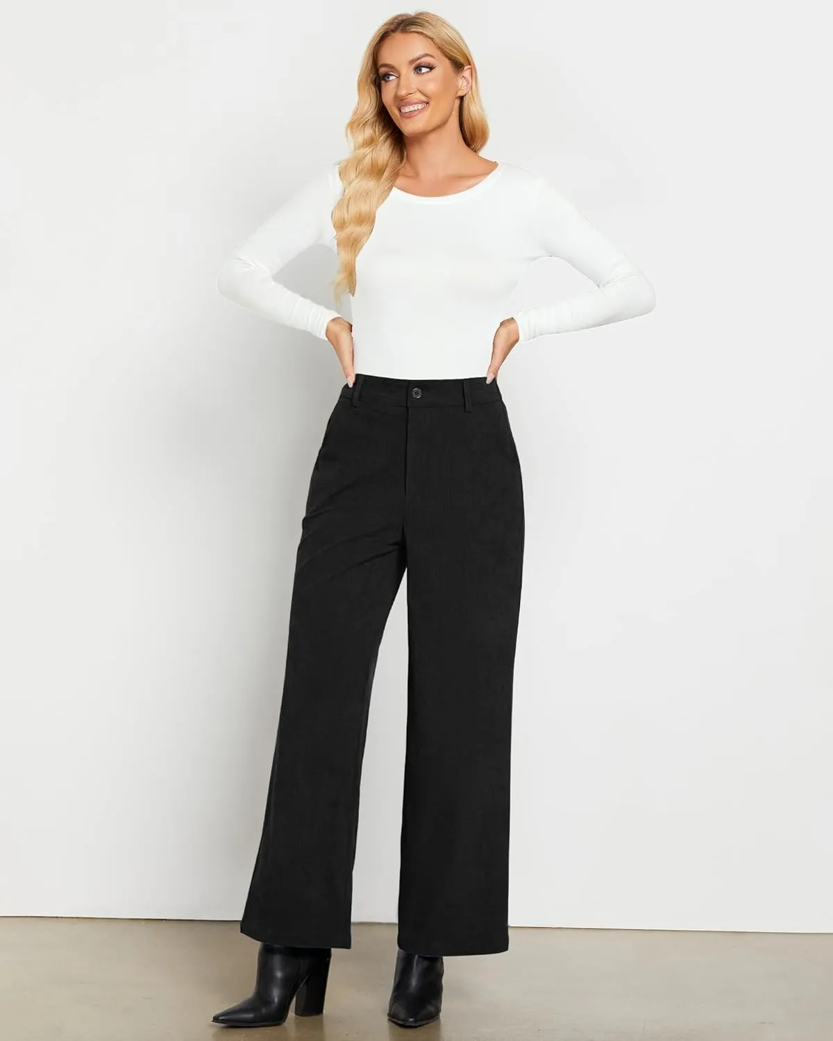 GRAPENT Corduroy Wide Leg Pants Woman High Waisted Fall Business Casual Elastic Waist Loose Trendy Trousers with Pockets