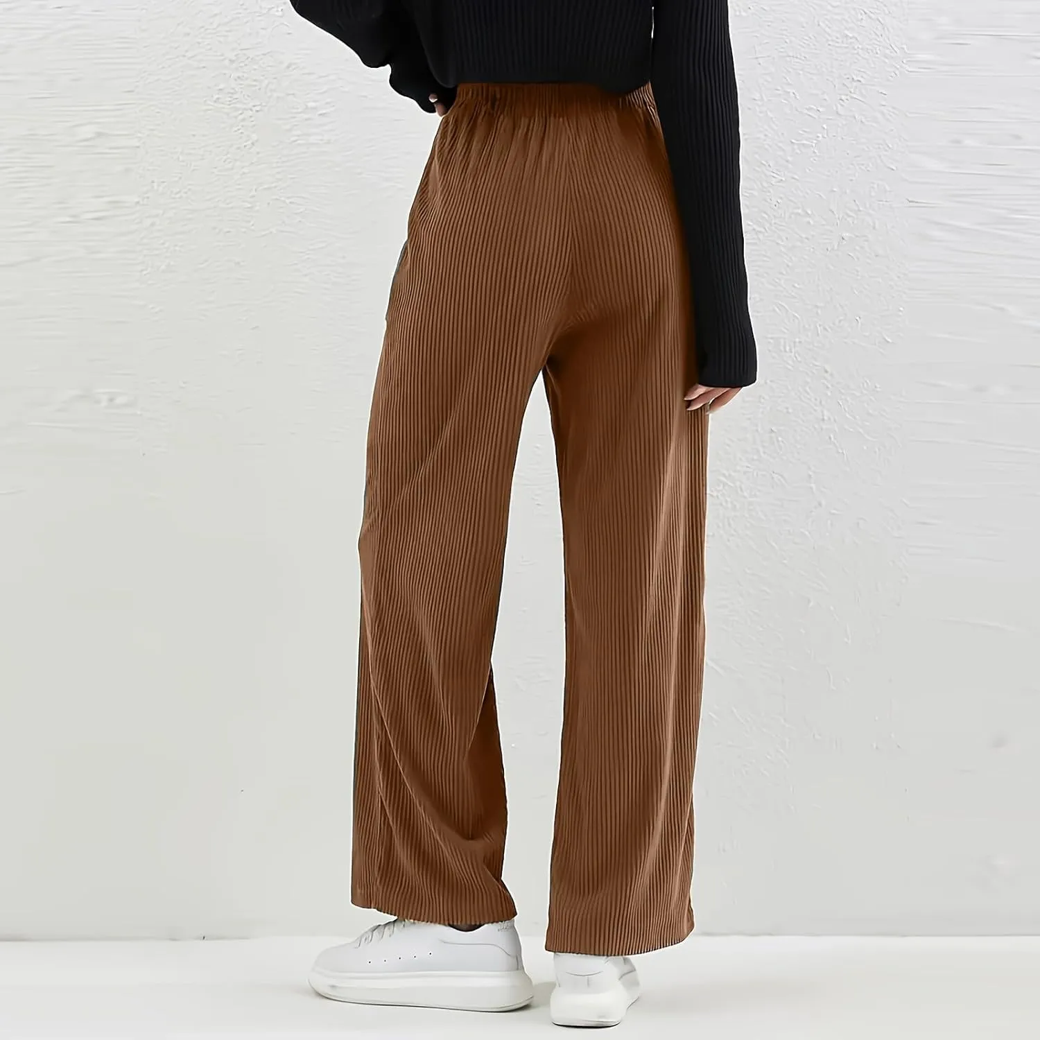 Gumipy Corduroy Pants Women Casual Comfy Wide Leg Pants Elastic High Waisted Trousers Pants Fall Lounge Pants with Pockets